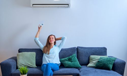 Young happy woman with closed eyes sitting on sofa under air conditioning and adjusting comfortable temperature with remote control at modern home